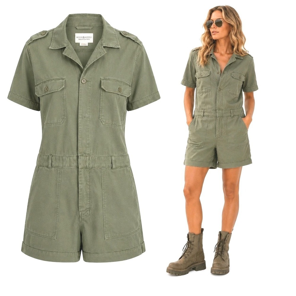 Denim & Supply Ralph Lauren Utility Romper SZ L Army Green Linen Safari Jumpsuit
